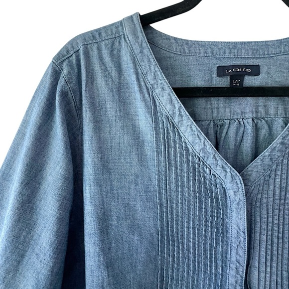 LANDS’ END | NWOT LONG SLEEVE COTTON CHAMBRAY PINTUCK TUNIC | LARGE PETITE - Picture 3 of 10